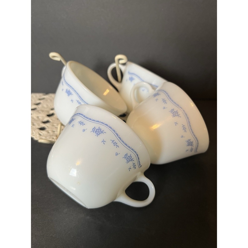 Set of 4 Vtg Pyrex Coffee Tea Cups Morning Blue Floral Pattern White Milk Glass